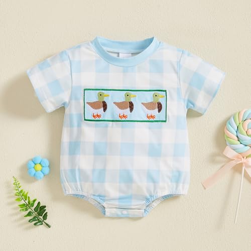 Infant Baby Boy Summer Outfit Short Sleeve Mallard Duck Embroidery Checkered Bubble Romper Newborn Hunting clothes2