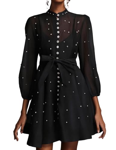 Elegant Black Rainstone Round Neck Long Sleeve Tie Waist Casual Dress