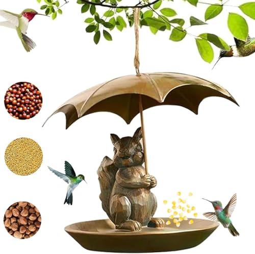 Animal Bird Feeder with Umbrella - Cute Squirrel, Cat, Dog Metal Wild Birds Feeders for Outdoors Hanging,Bird Feeder Umbrella, Garden Decor for Backyard, Gifts for Lovers Women Men (Squirrel)