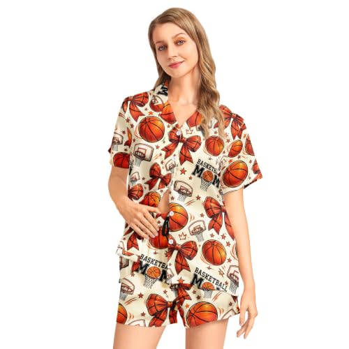 Image of Funny Pajamas for Women Set Print Satin Loungewear Pjs Short Sleeve Button Down Top and Shorts Sets Sleepwear XS-3XL