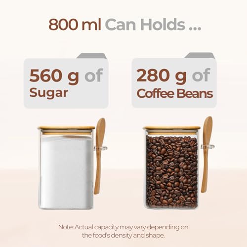 ComSaf 800ml Glass Jars with Bamboo Lids & Spoons Set of 4, Square Glass Containers with Lids, Tea Sugar Coffee Containers Salt Spice Jars, Pantry Storage Container for Loose Tea, Brown Sugar, Nuts