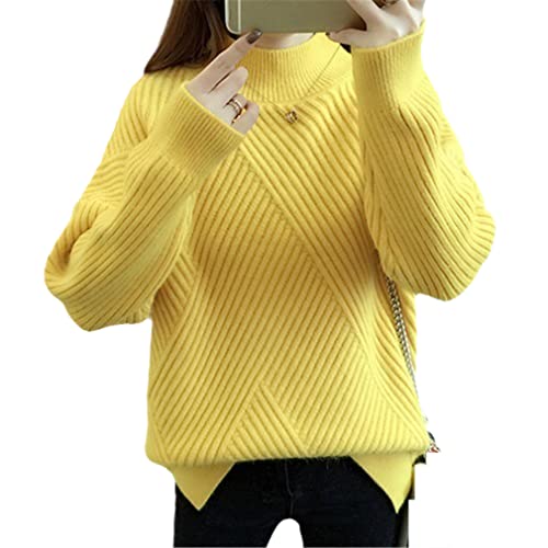 YTR6RTW Suéter cálido grueso flojo suéter de las mujeres del suéter del suéter de punto de manga larga del cuello alto de las mujeres, amarillo, S Cover