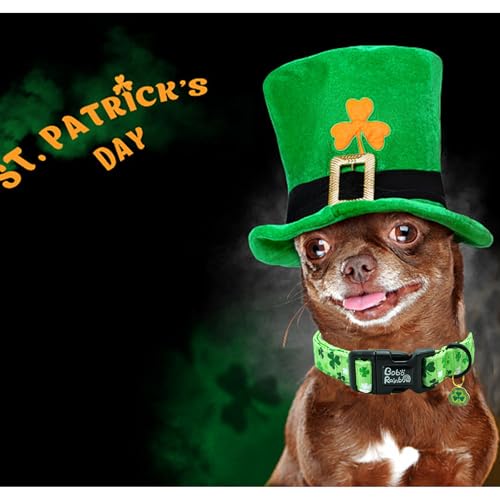 Image of St Patrick's Green Trefoil Print Dog Collar for X-Small Dogs | Daily Walks,Irish Parade,Spring Picnic Hiking,Adjustable,Cotton Fabric,Quick Release Plastic Buckle,Pendant,Female /Male Dog