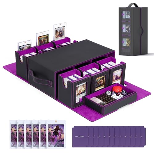 Image of UAONO MTG Commander Deck Box, 6-Deck Modular TCG Deck Case with Dice Tray | Hold 600+ Double-sleeved Cards, Modular Card Deck Box with 35PT Magnetic Card Holder for Magic the Gathering Black Purple