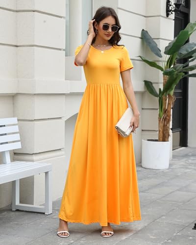 Image of COSSEN Women's Crew Neck Short Sleeve Maxi Dress with Pockets Casual Loose Swing for Wedding Guest Beach Vacation