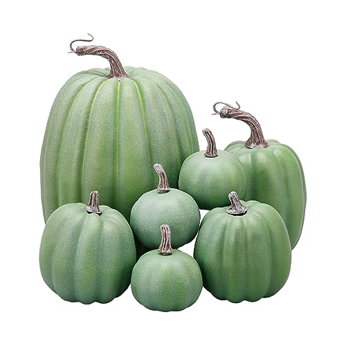 7 Pcs Halloween Pumpkin Decorations, Faux Pumpkin Cute Foam Pumpkins, Fake Plastic Pumpkins for Thanksgiving Tabletop Centerpiece Mantel Kitchen Decor(Dark green,Style 15)