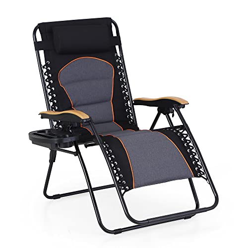 Maison Arts Oversize Xl Padded Zero Gravity Lounge Chair Anti Gravity Lawn Chair Adjustable Recliner W/Pillow & Cup Holder Outdoor Camp Chair For Poolside Backyard Beach, Support 350Lbs, Black #TOP4