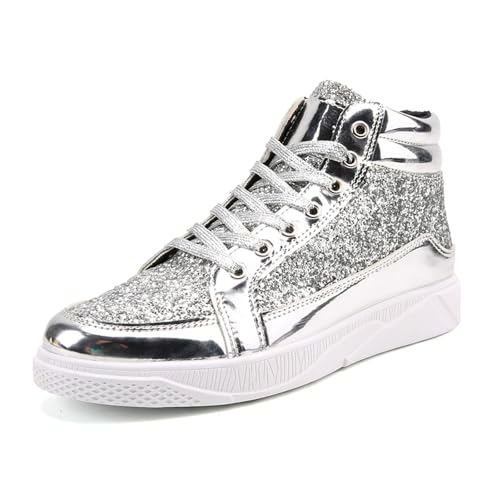 Generisch 2026 Moda Hombre Brillante con Lentejuelas Suela Gruesa Zapatos Casuales Alto Zapatos Casuales Cómodas Zapatillas para diabéticos Zapatos para Hombres Suave, plata, 41 EU