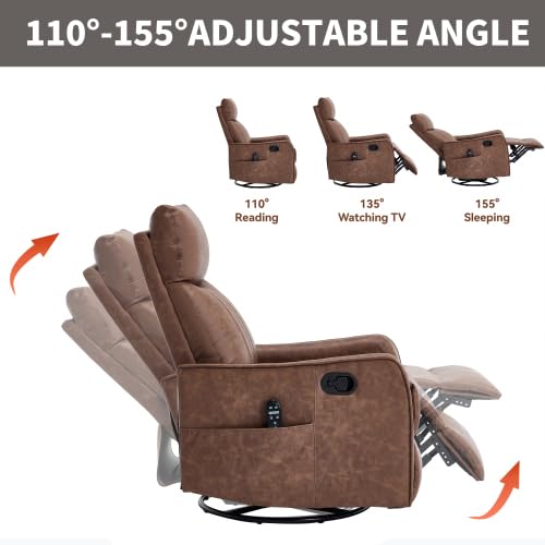 Image of Manual Swivel Rocker Recliner Chair for Adults, Overstuffed Reclining Glider Chair for Nursing with Vibration Massage & Heat, Living Room Rocking Recliner 2-Stage backrest, Faux Leather Brown