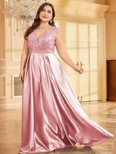 Image of Plus Size Satin Mother of the Bride Formal Gown for Wedding Sleeveless V-Neck Evening Dress