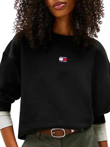 Tommy Jeans Women's Medium Weight Pullover Crewneck with Center Embroidered Flag Logo, Black, Medium
