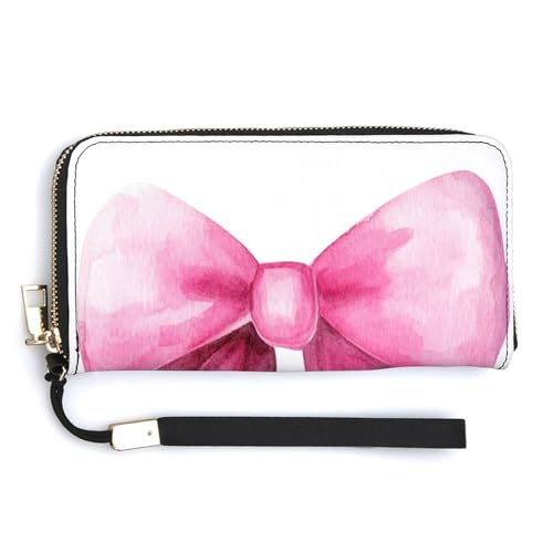 Cute Watercolor Pink Bow PU Leather Clutch Long Bifold Wallet, Coin Purse Credit Pass Case, Durable Card-Holder Money Storage for Women Men
