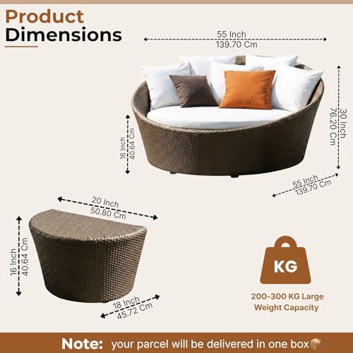 Image of DEVOKO Premium Outdoor Wicker Daybed Set with Table, UV-Resistant HDPE Rattan & Sturdy Metal Frame for Garden, Poolside, Balcony (Dark Brown & Off-White)