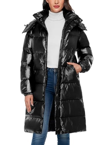 Uikue Womens Long Puffer Jacket - Warm Winter Padded Coat Zip Up Thicken Waterproof Down Jacket Fashion Hooded Ski Outerwear(Glossy Black,L)