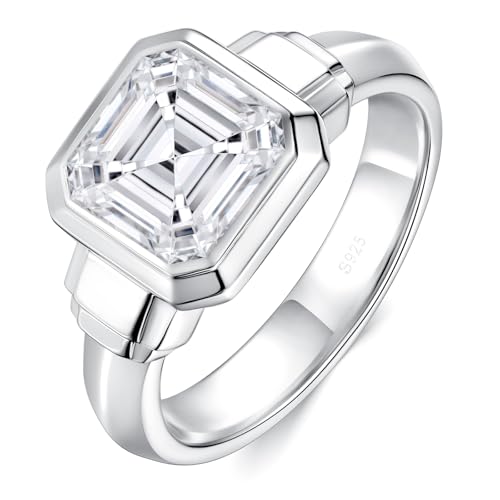 2.5CT Moissanite Solitaire Engagement Ring for Women Men,Asscher Cut Unisex Wedding Ring 925 Sterling Silver with 18K White Gold Plated, Bezel Set Simulated Diamond Anniversary Promise Ring