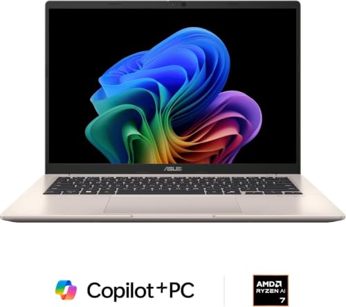 Image of ASUS Vivobook 14 Copilot + PC Laptop, 14 inch WUXGA (1920x1200) Display, AMD Ryzen AI 7 350 with XDNA NPU, 16GB DDR5 RAM, 512GB SSD, Platinum Gold, Windows 11 Home, TWE Accessories