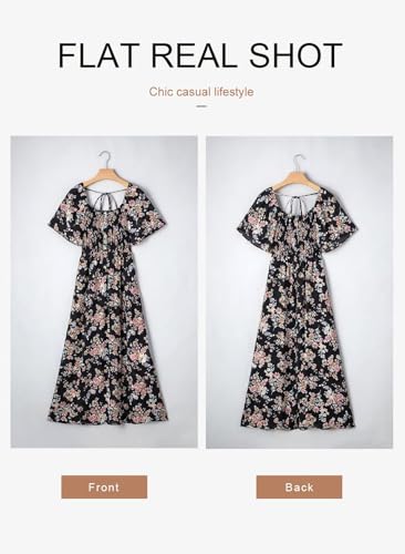 Image of Dokotoo Womens Dresses 2025 Square Neck Tie Backless Summer Dresses Cap Sleeve Floral Buttoned Empire Waist Maxi Dress