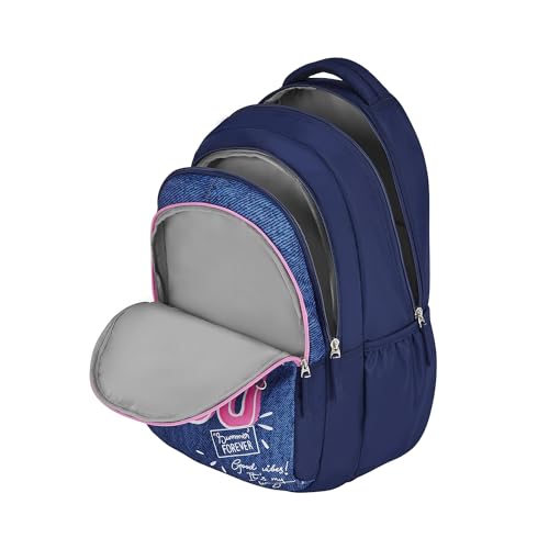 Image of Genie You Backpack for Women, 19 inch Bags for Girls, Water Resistant and Lightweight, 3 Compartment Bag with Happy Pouch, 36 Liters, Nylon Twill, Navy Blue