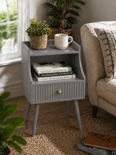 Image of ETIQUETTE ART Modern Fluted Nightstand with Drawer and Open Storage Shelf, Bedside Table with Round Edge, Boho Night Stand with Solid Wood Legs & Knob Handle End Table for Bedroom (Grey)