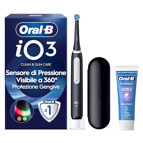 Oral-B iO 3 Spazzolino Elettrico, 1 Testina, Custodia, Dentifricio, Nero - 1 Testine di Ricambio per Spazzolino Elettrico, Ricaricabile + 1 Dentifricio Pro-Expert Sbiancante Delicato
