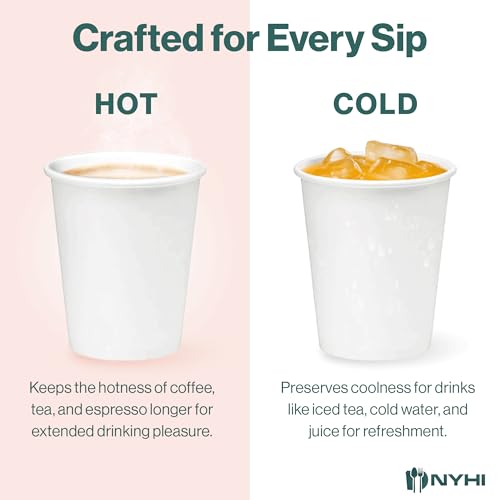 Image of NYHI 10oz Disposable Paper Cups - For Hot & Cold Drinks, Espresso, Tea, Juice, Water & More - Plain, Writable Surface Ideal for Cafes, Office & Events - Fits Most Coffee Machines, 300 pcs. - White