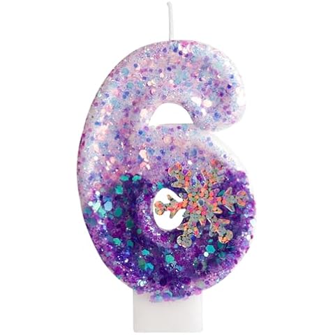 Hongplus Purple White Frozen Birthday Candles, Sparkler Number 6th Birthday Candle for Party Supplies, Snow Winter Frozen Birthday Party Decorations, Number 6 Cake Toppers Decorations Cover