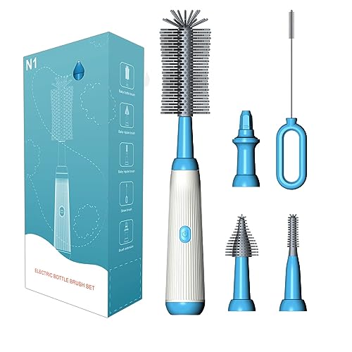 Image of Electric Bottle Brush, Honboom Baby Bottle Cleaner, Rechargeable Waterproof Two-Speed Cleaning Mode Nipple Brush for Baby Bottles Pacifiers Straws Travel Bottle Brush Set (Blue)