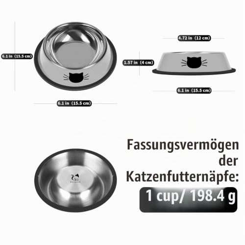 Serentive 2 Stück rutschfeste kleine Katzenfutternäpfe aus Edelstahl, unzerbrechlicher, Dicker Katzenfutterspender, 200 ml Katzennäpfe, Abnehmbarer Gummiboden, leicht zu reinigen, Grau