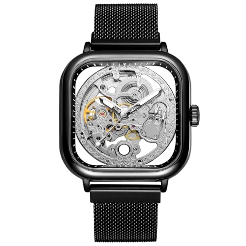 Image of Luxury Automatic Mechanical Watch, Square Skeleton Dial, Stainless Steel Mesh Band, Self-Winding Movement, Classic