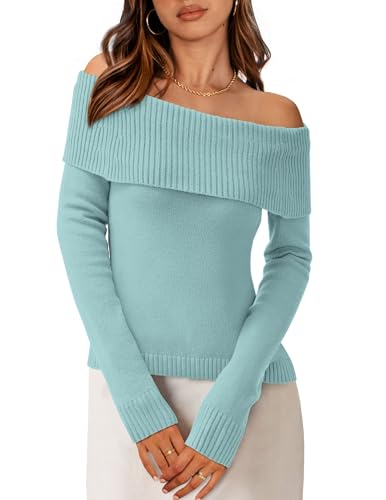 PRETTYGARDEN Off The Shoulder Sweater for Women 2025 Fall Fashion Cute Long Sleeve Tops Winter Ribbed Pullover Knit Outfits