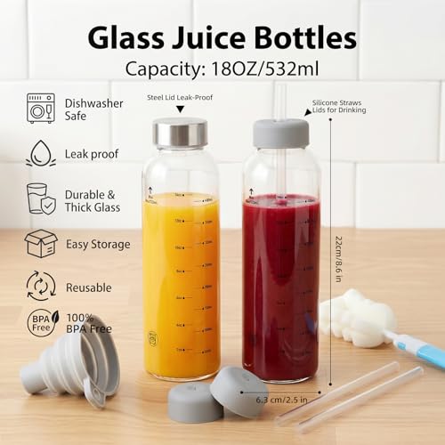 Image of Luxfuel Clear Glass Bottles with Lids, 18oz Glass Water Bottles for Juicing | Measurement Markings, 100% Leak Proof Stainless Steel Lid, Reusable for Smoothie, Refrigerator and Dishwasher Safe, Set of 6