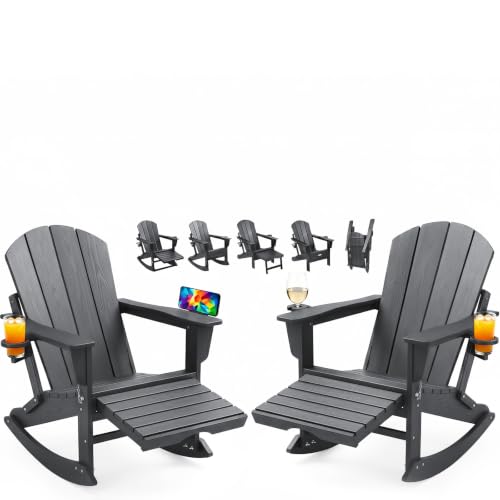 PASAMIC Adirondack Rocking Chairs Set of 2 Foldable All-Weather HDPE Patio Rockers with Retractable Ottoman & Cup Holder Outdoor Chairs for Porch Backyard Pool Garden Balcony Gray