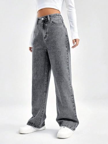 Image of GRECIILOOKS High Waist Jeans for Women - Wide Leg Straight Fit Denim | Baggy Cargo Style Casual Pants for Girls & Daily College Wear