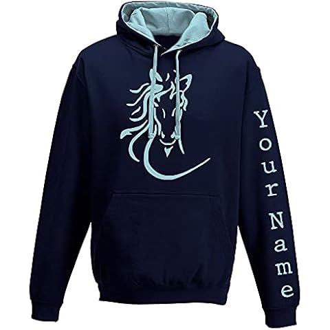 Luvponies Flowing Mane Equestrian Style - Horse Riding Hoody | Personalised Hoodies For Kids and Adults | Small Size, French Navy & Sky Blue | Customised Horse Gifts For Children Cover
