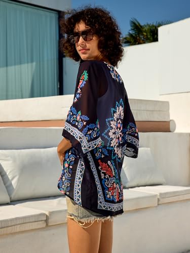 Image of Chunoy Women Floral Beach Wear Cover Up Chiffon Kimono Cardigan Open Front Blouse Top