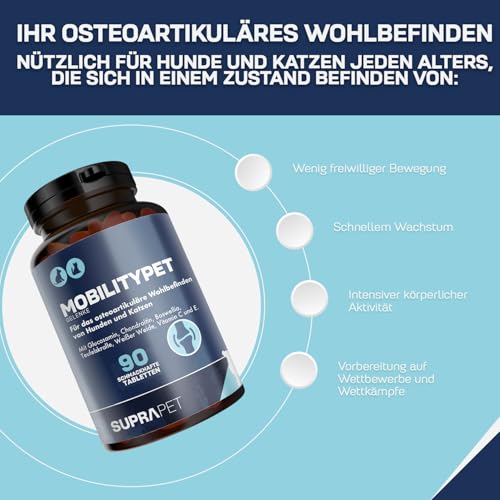 Suprapet MobilityPet für Hunde und Katzen - Unterstützung für Knochen und Gelenke - Mit Boswellia, Glucosamin, Chondroitin, MSM, Teufelskralle, Vitamin C. (90 Tabletten à 1g)
