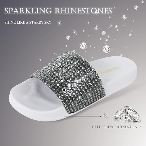 Image of Fur Story Womens Slides House Slippers Rhinestone Glitter Slides Cute bling Flat for Women Platform Sandals Cozy Bedroom Slippers Shower Shoes