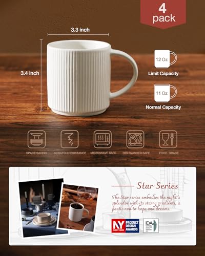 famiware Coffee Mug Set for 4, Star 12 oz Catering Mugs Cup Set with Handle for Coffee, Tea, Cocoa, Milk - Ceramic Stoneware Drinkware Set, Matte White - Image 5