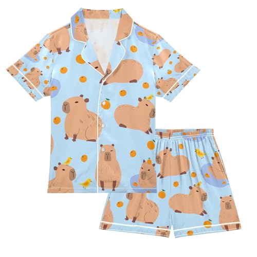senya Cute Capybara Orange Birds Satin Summer Pajama Sets Silk Short Sleeve Button Down Sleepwear