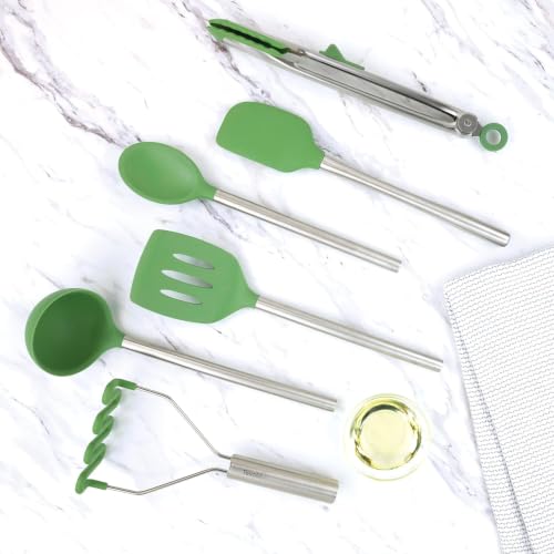 Image of Tovolo Silicone Cooking Utensil Set of 6 Stainless Steel Handle Ladle Slotted Turner Tongs Flex Core Spatula Scraper Mixing Spoon & Potato Masher, Dishwasher Safe BPA Free Utensils, Pesto Green