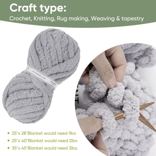 Image of 8 Jumbo Packs Chunky Chenille Yarn for Crocheting, 31.7 yds, 8 oz Each Skein Bulky Thick Fluffy Yarn for Knitting, Super Bulky Chunky Yarn for Hand Knitting Blanket, Soft Plush - Light Gray