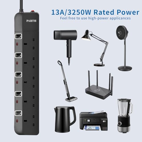 PARTH 2M Black Extension Lead Surge Protection - 5 Gang Multi UK Plug Extension Socket with Switches - 2 Metre Long Heavy Duty Cord Extension Cable- Wall Mounted 5 Way Power Extension 3250W/13A - Image 3