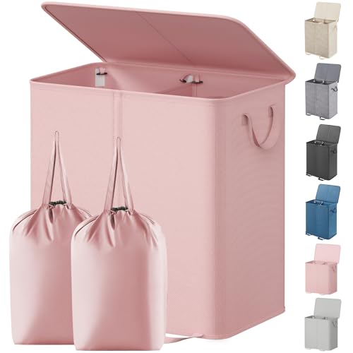 Image of Lifewit Double Laundry Hamper with Lid and Removable Laundry Bags, Large Collapsible 2 Dividers Dirty Clothes Basket with Handles for Bedroom Laundry Room Closet Bathroom College, 136L Pink