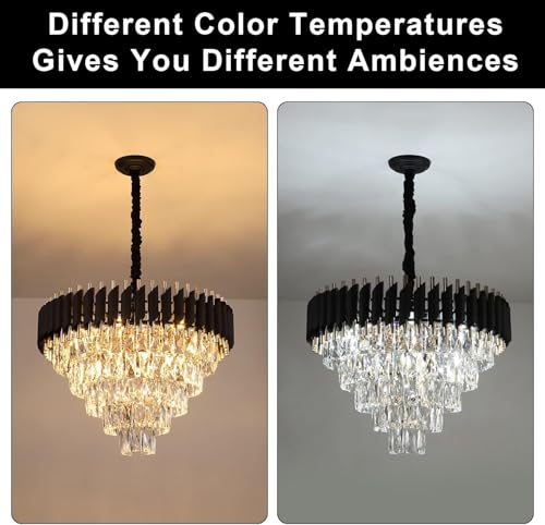 Image of Luxurious 600mm Black Gold Modern Chandelier with K9 Crystals | Warm White, Moonlight & Golden Light | Ceiling Hanging Light for Living Room, Dining Room, Bedroom, Hallway