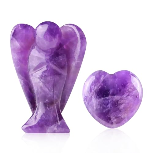 Schutzengel Geschenk 2 St&uuml;ck Amethyst Engel Figur, Violett Schutzengel Geschenk, Amethyst Engel Figur und Violett Herz Edelstein, Heilung Kristall Edelsteine, Poliert Steine Statue, Angels Figurdeko