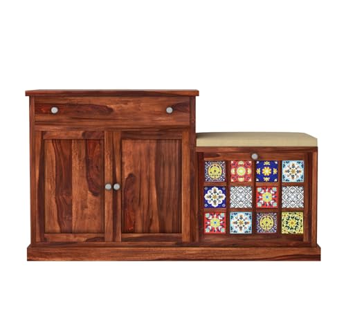 Image of The Attic Lewiston Shoerack, Shoe Storage Cabinet for Home, Shoe Rack with Seat & Door, Shoe Organizer, Shoe Rack for Home, Honey Matte Finish