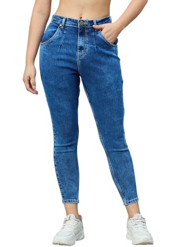 Jean pour femme bleu moyen taille haute extensible coupe large denim