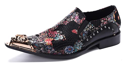 Santimon Mens Dress Loafers Floral Embroidered Leather Slip On Sequin Pointed Dragon Metal Tip Smoking Style Wedding Party Shoes2