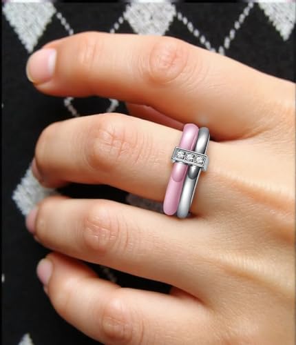 Ceramic Wedding Band Ring for Women Stackable Rings, Polished Ceramic with Stainless Steel & Zirconia Patchwork2