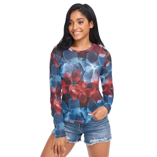 AIXIWAWA Clear Blue Red Floral Women Long Sleeve Sheer Mesh Tops